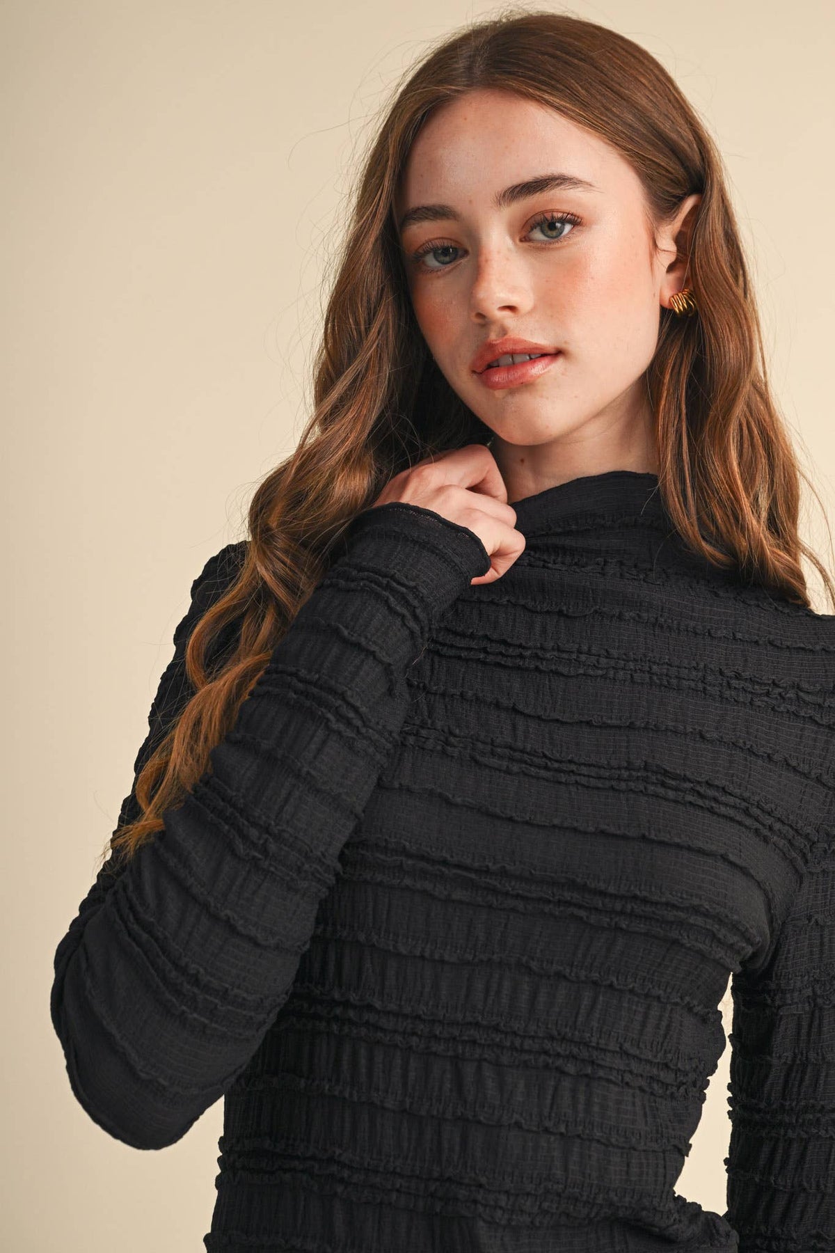 Shirred Mock Neck (Black)